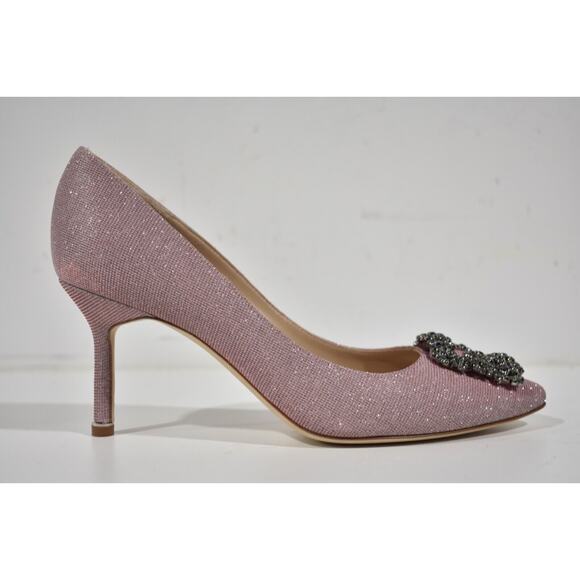Manolo Blahnik Hangisi 70 Pink Glitter Crystal Jewel Buckle Low Heel Pump 39 - Picture 2 of 12